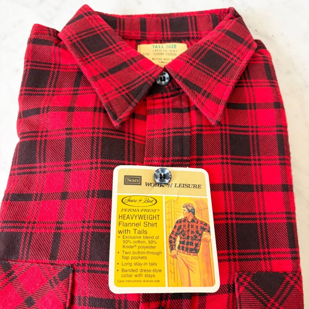 Sears Vintage Buffalo Plaid Flannel Shirt Mens L Tall Red Black New Old Stock